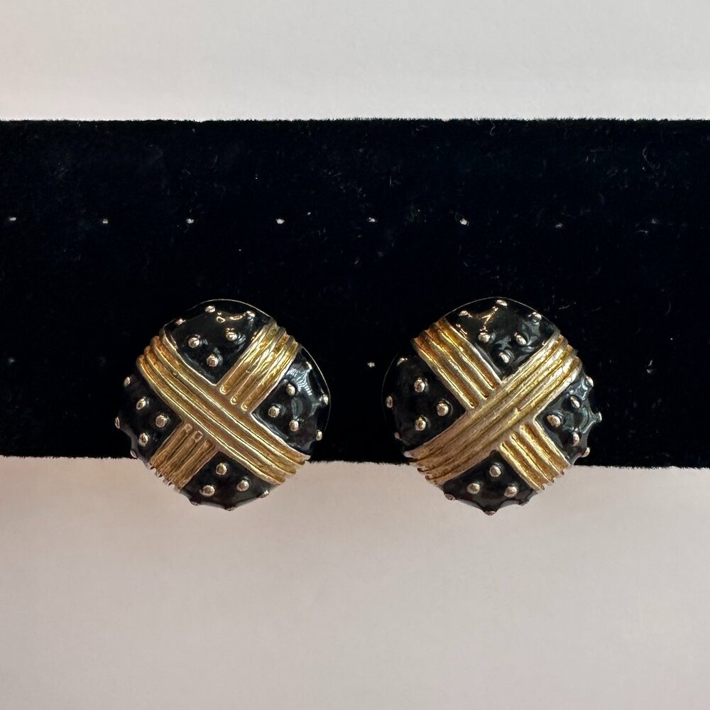 Black and Gold Tone Vintage Clip Earrings